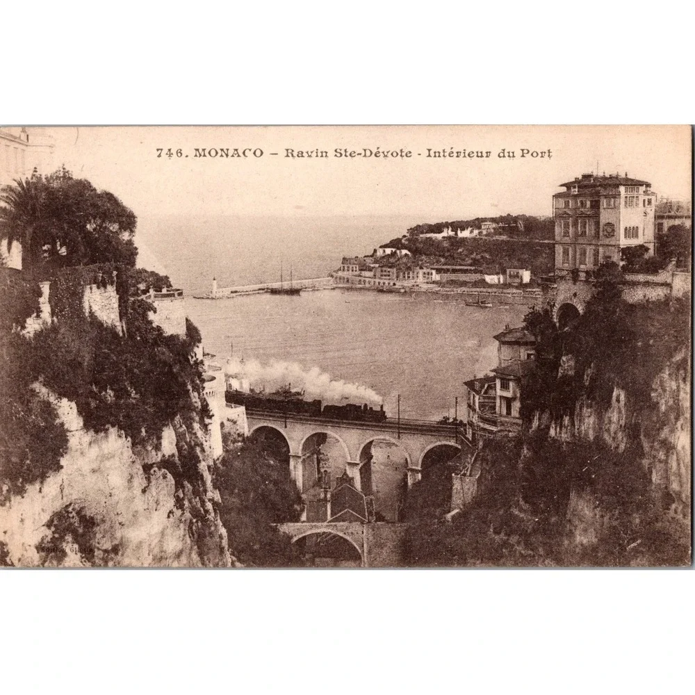 Vintage Monaco Ravin Ste-Dévôte Port Scene Postcard with Train